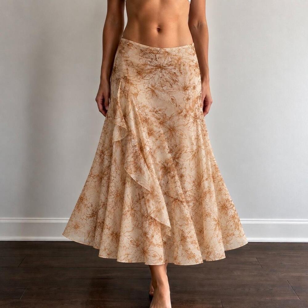 Vintage Italian Randolph Duke Sepia 100% SILK Botanical Ruffle Maxi Skirt Size 8
